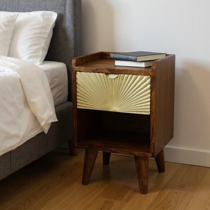 20" Chestnut And Gold Solid Wood Carved Geometric One Drawer Nightstand HomeRoots