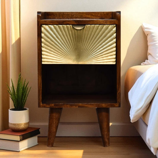 20" Chestnut And Gold Solid Wood Carved Geometric One Drawer Nightstand HomeRoots