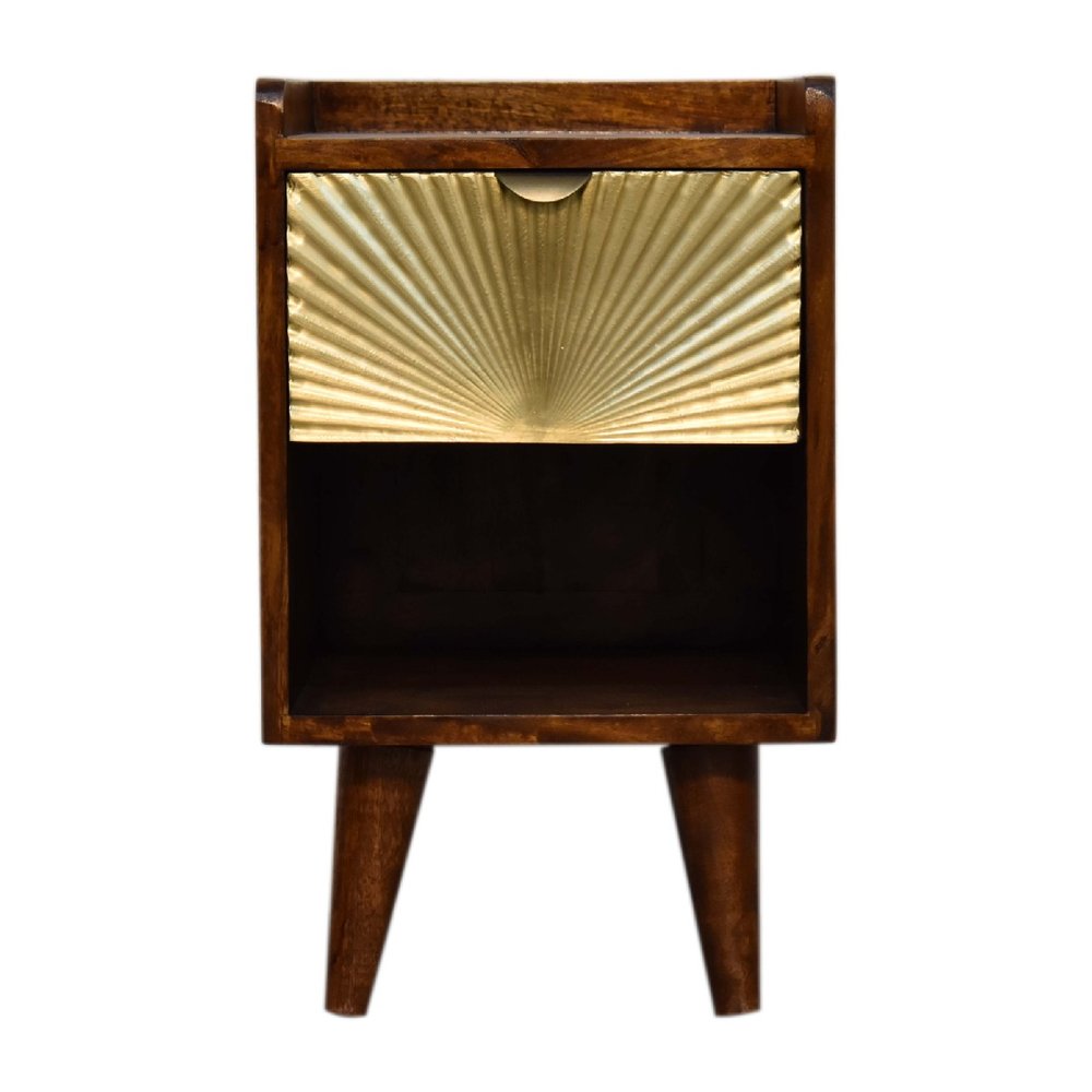 20" Chestnut And Gold Solid Wood Carved Geometric One Drawer Nightstand HomeRoots