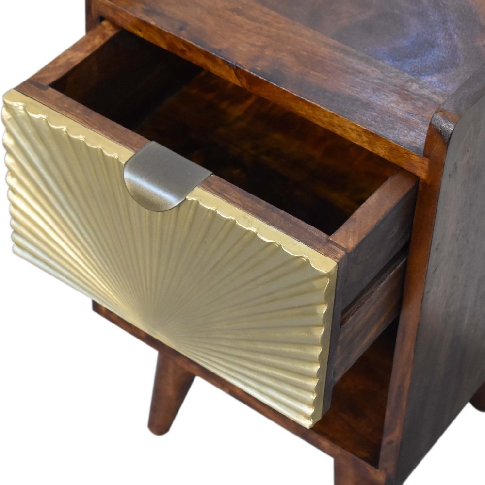 20" Chestnut And Gold Solid Wood Carved Geometric One Drawer Nightstand HomeRoots
