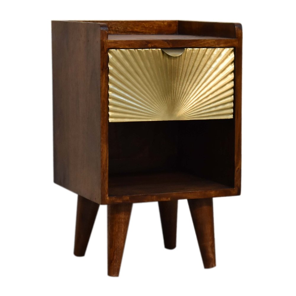 20" Chestnut And Gold Solid Wood Carved Geometric One Drawer Nightstand HomeRoots
