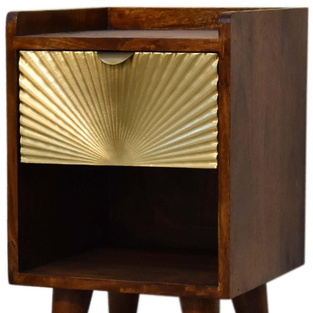 20" Chestnut And Gold Solid Wood Carved Geometric One Drawer Nightstand HomeRoots