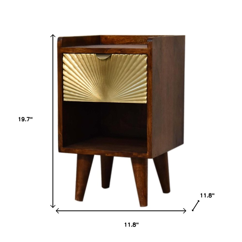 20" Chestnut And Gold Solid Wood Carved Geometric One Drawer Nightstand HomeRoots