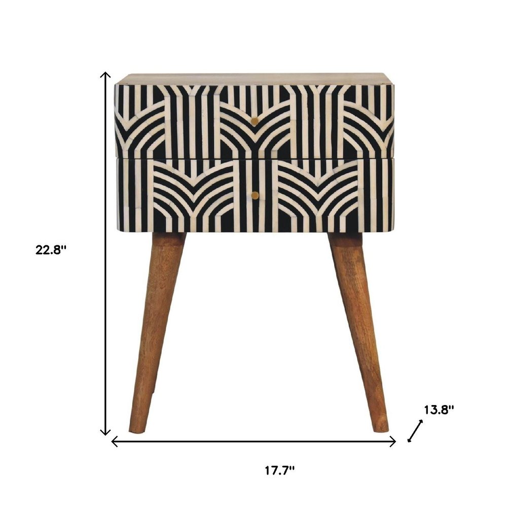 23" Black Ivory And Light Brown Solid Wood Geometric Bone Inlay Two Drawer Nightstand HomeRoots