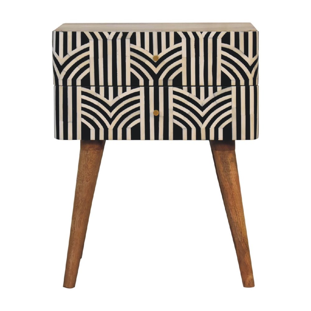 23" Black Ivory And Light Brown Solid Wood Geometric Bone Inlay Two Drawer Nightstand HomeRoots