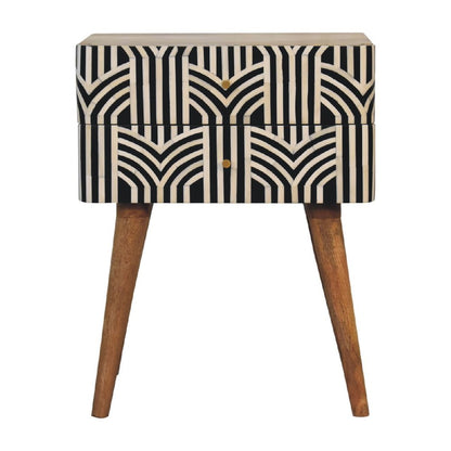 23" Black Ivory And Light Brown Solid Wood Geometric Bone Inlay Two Drawer Nightstand HomeRoots
