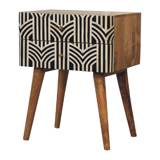 23" Black Ivory And Light Brown Solid Wood Geometric Bone Inlay Two Drawer Nightstand HomeRoots