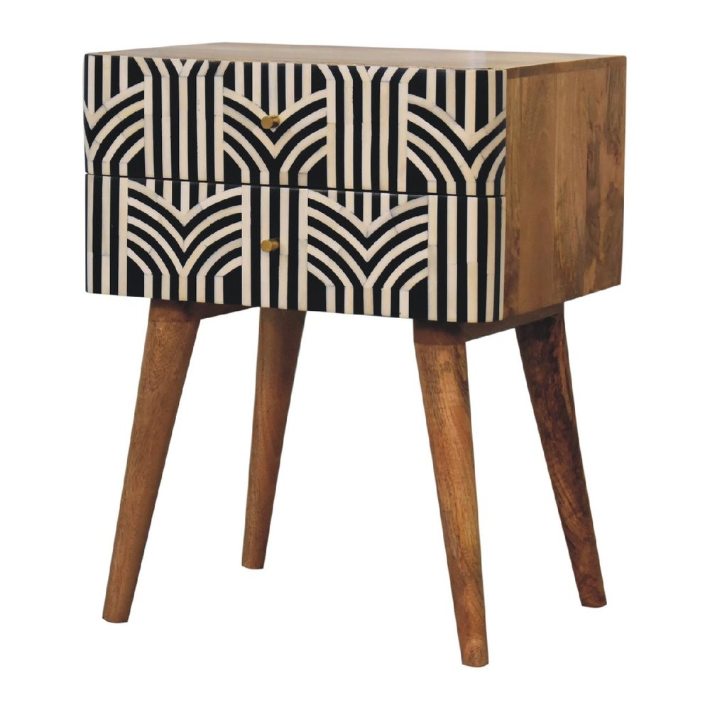 23" Black Ivory And Light Brown Solid Wood Geometric Bone Inlay Two Drawer Nightstand HomeRoots