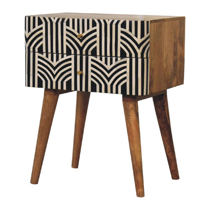 23" Black Ivory And Light Brown Solid Wood Geometric Bone Inlay Two Drawer Nightstand HomeRoots