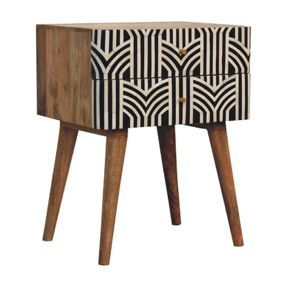 23" Black Ivory And Light Brown Solid Wood Geometric Bone Inlay Two Drawer Nightstand HomeRoots