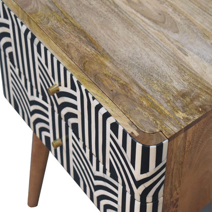 23" Black Ivory And Light Brown Solid Wood Geometric Bone Inlay Two Drawer Nightstand HomeRoots