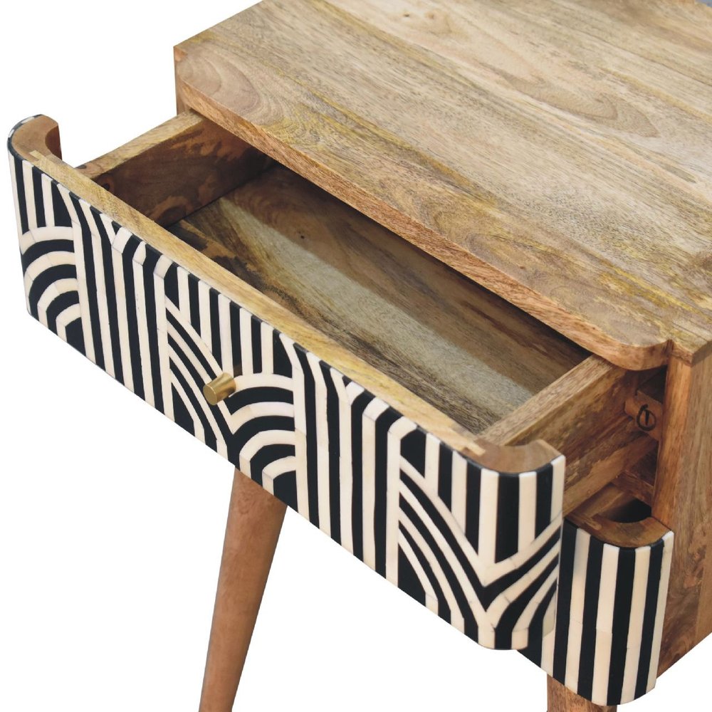 23" Black Ivory And Light Brown Solid Wood Geometric Bone Inlay Two Drawer Nightstand HomeRoots