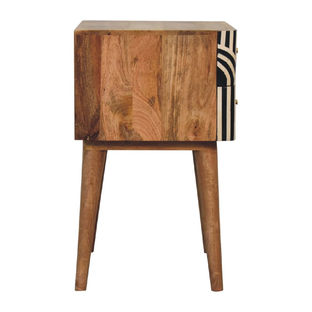23" Black Ivory And Light Brown Solid Wood Geometric Bone Inlay Two Drawer Nightstand HomeRoots