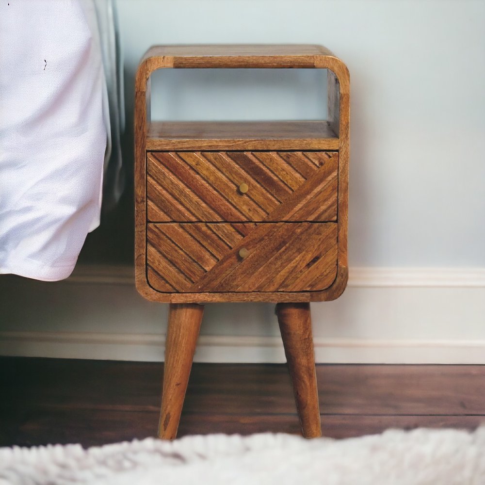 22" Chestnut Solid Wood Square Carved Geometric Two Drawer Nightstand HomeRoots