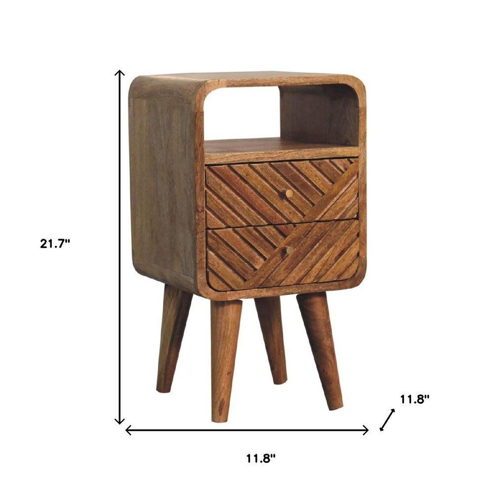 22" Chestnut Solid Wood Square Carved Geometric Two Drawer Nightstand — view 9