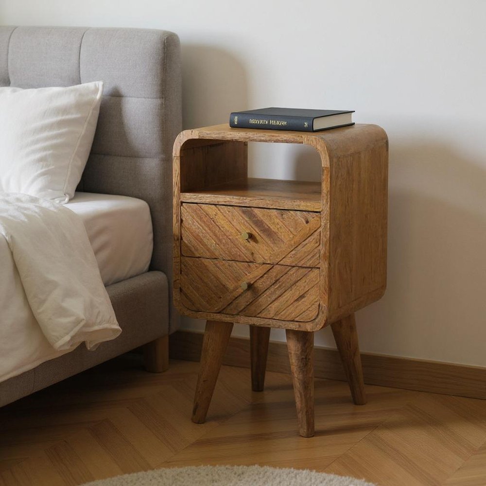 22" Chestnut Solid Wood Square Carved Geometric Two Drawer Nightstand HomeRoots