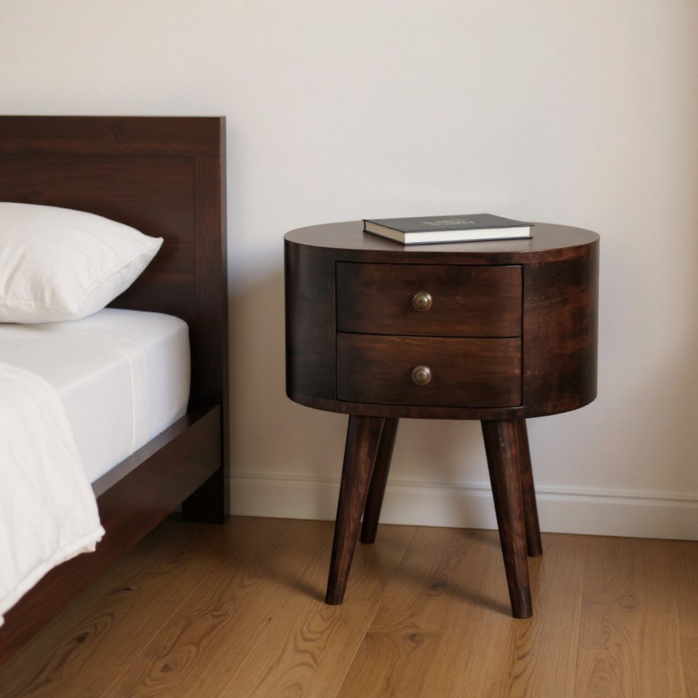 21" Walnut Solid Wood Oval Two Drawer Nightstand HomeRoots