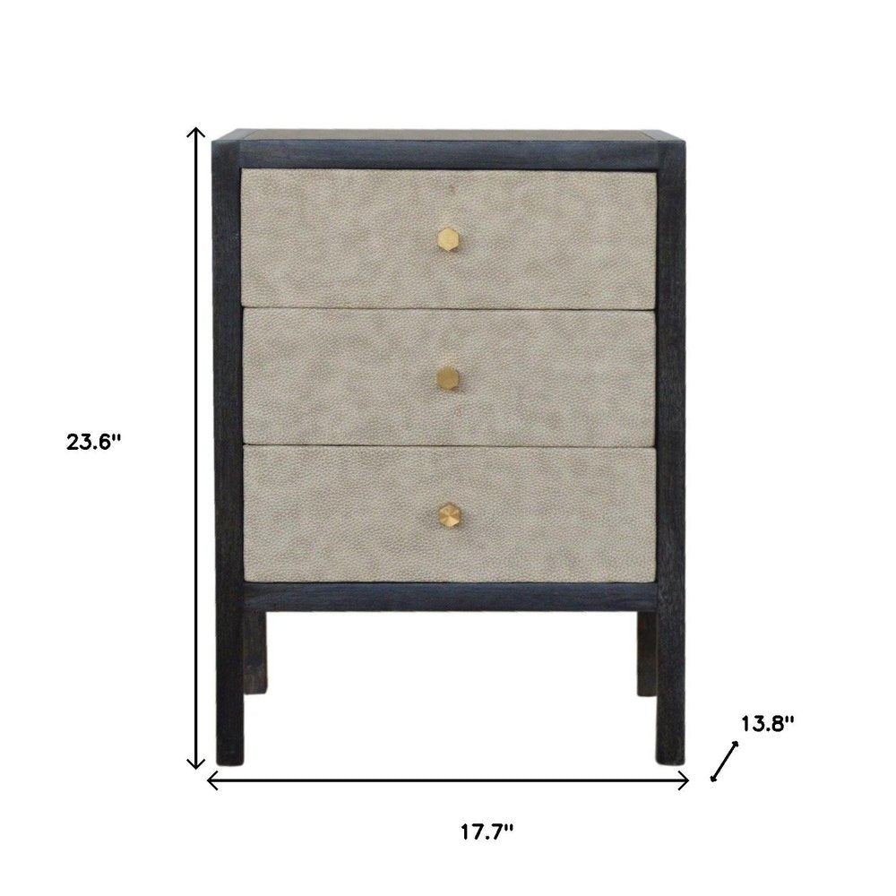 24" Gray And Black Solid Wood And Faux Shagreen Three Drawer Nightstand HomeRoots
