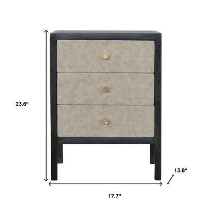 24" Gray And Black Solid Wood And Faux Shagreen Three Drawer Nightstand HomeRoots