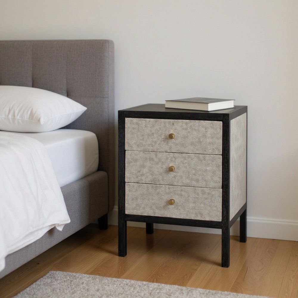24" Gray And Black Solid Wood And Faux Shagreen Three Drawer Nightstand HomeRoots