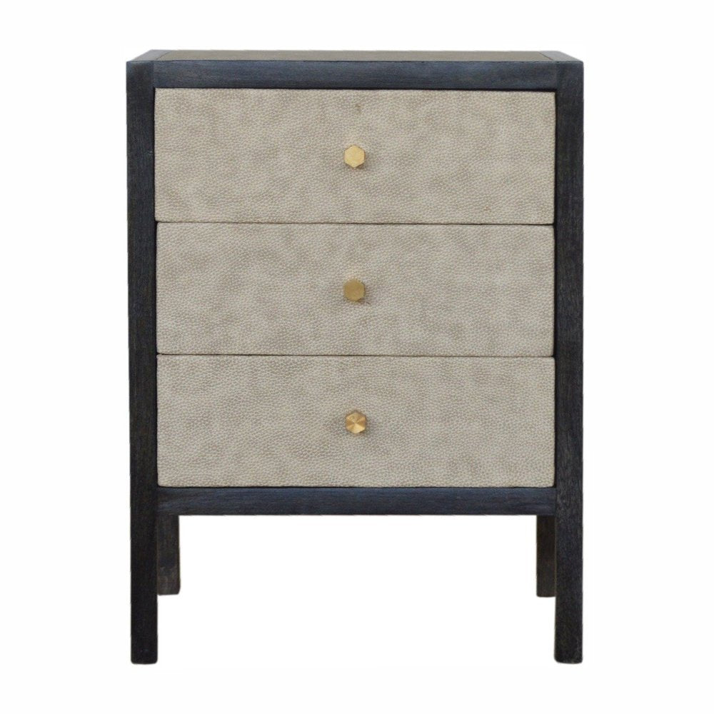 24" Gray And Black Solid Wood And Faux Shagreen Three Drawer Nightstand HomeRoots