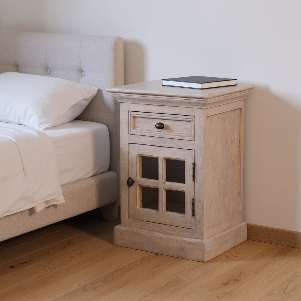 24" Gray Solid Wood And Glass Distressed Two Drawer Nightstand HomeRoots