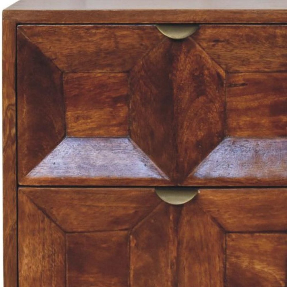24" Chestnut Solid Wood Square Carved Geometric Two Drawer Nightstand HomeRoots