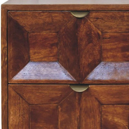 24" Chestnut Solid Wood Square Carved Geometric Two Drawer Nightstand HomeRoots