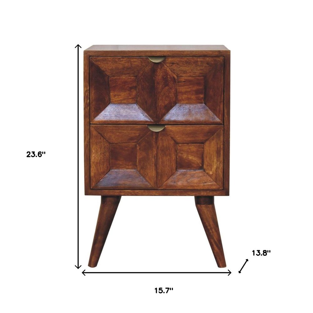 24" Chestnut Solid Wood Square Carved Geometric Two Drawer Nightstand HomeRoots
