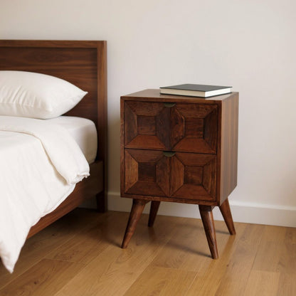 24" Chestnut Solid Wood Square Carved Geometric Two Drawer Nightstand HomeRoots