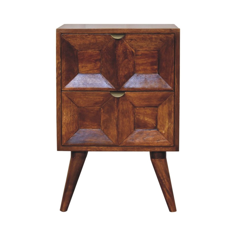 24" Chestnut Solid Wood Square Carved Geometric Two Drawer Nightstand HomeRoots