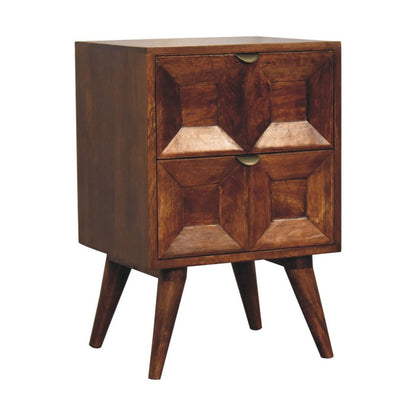 24" Chestnut Solid Wood Square Carved Geometric Two Drawer Nightstand HomeRoots