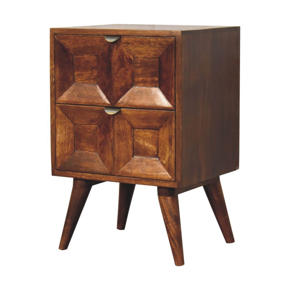 24" Chestnut Solid Wood Square Carved Geometric Two Drawer Nightstand HomeRoots