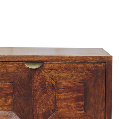 24" Chestnut Solid Wood Square Carved Geometric Two Drawer Nightstand HomeRoots