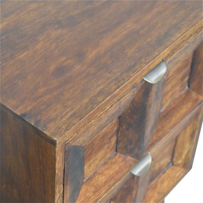 24" Chestnut Solid Wood Square Carved Geometric Two Drawer Nightstand HomeRoots