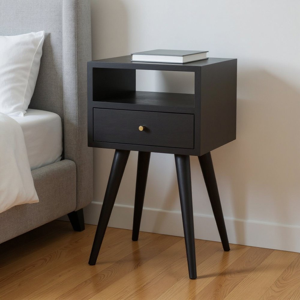 22" Black Solid Wood Square One Drawer Nightstand - FurniFindUSA