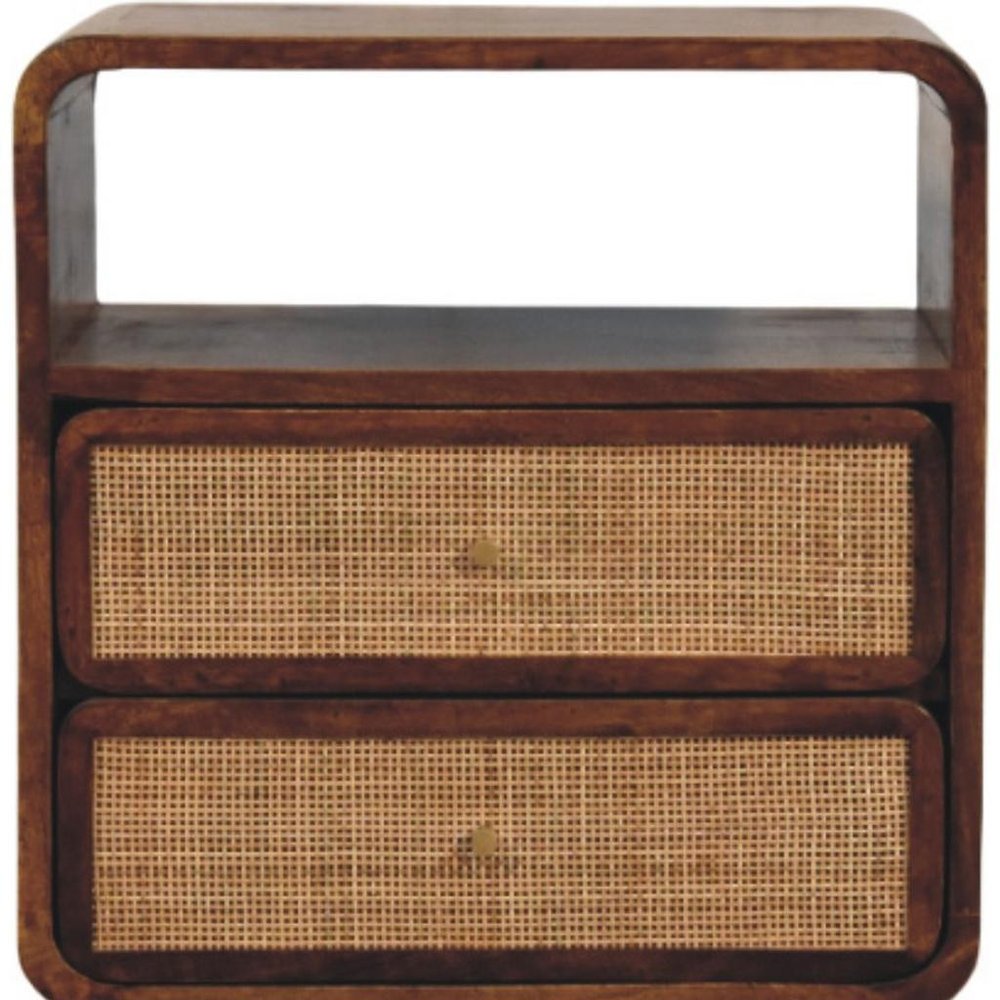 22" Chestnut And Natural Solid Wood Cane Rattan Two Drawer Nightstand — view 3