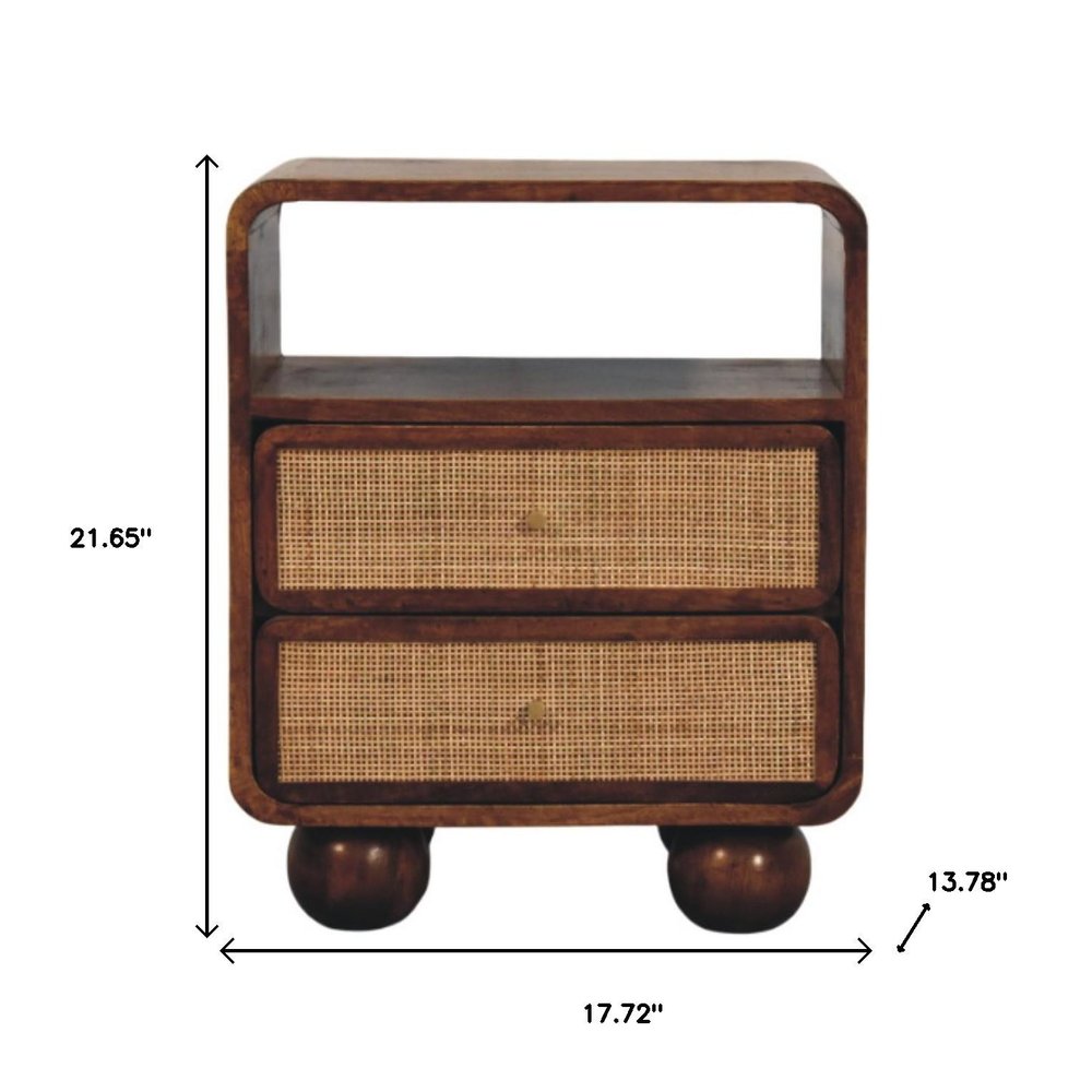 22" Chestnut And Natural Solid Wood Cane Rattan Two Drawer Nightstand — view 4