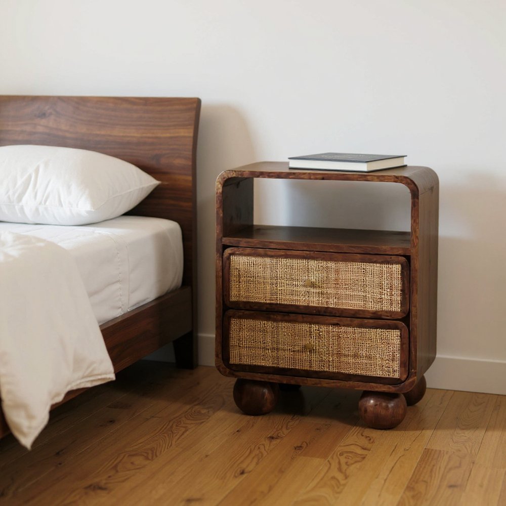 22" Chestnut And Natural Solid Wood Cane Rattan Two Drawer Nightstand — view 5