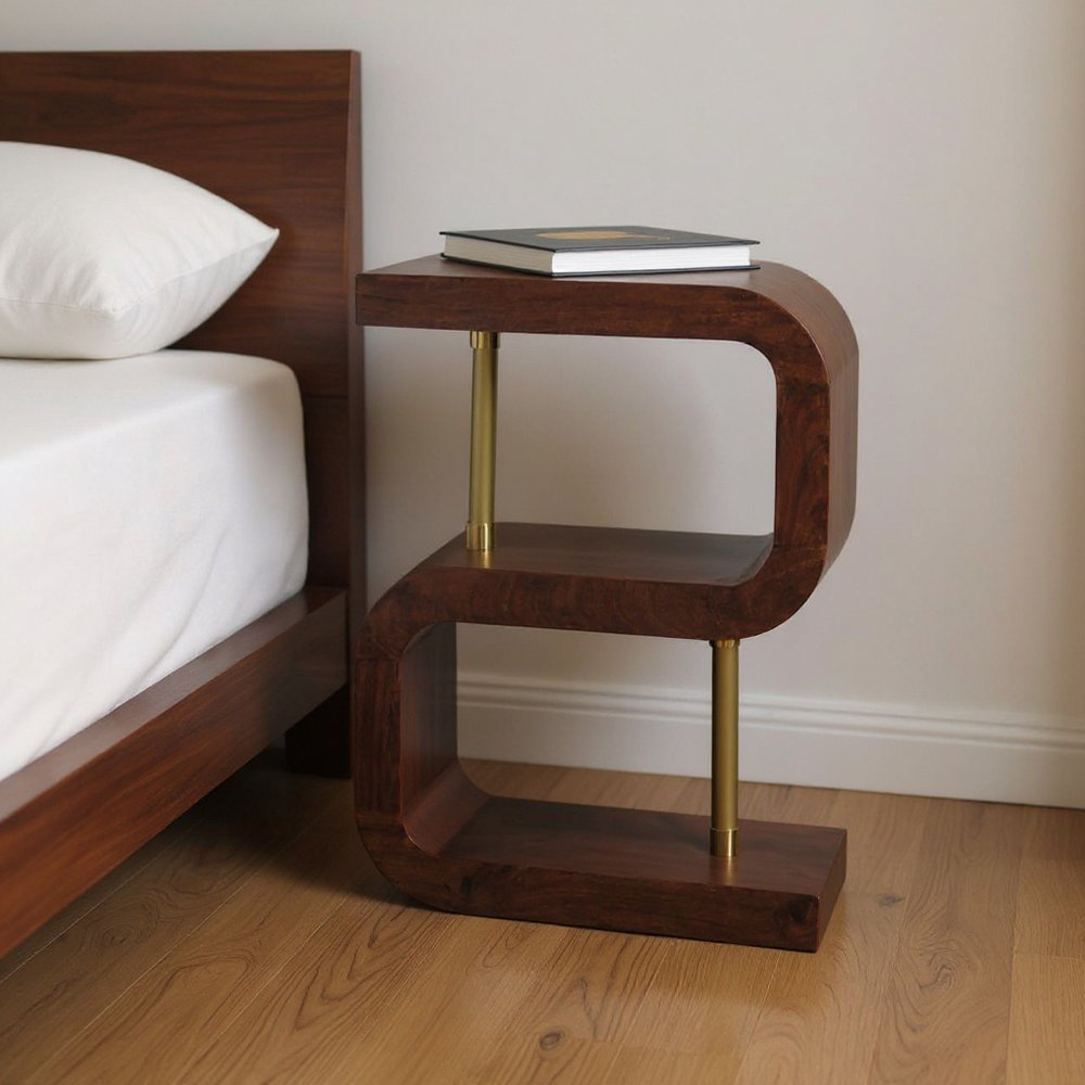 24" Chestnut And Gold Solid Wood Curved Nightstand HomeRoots