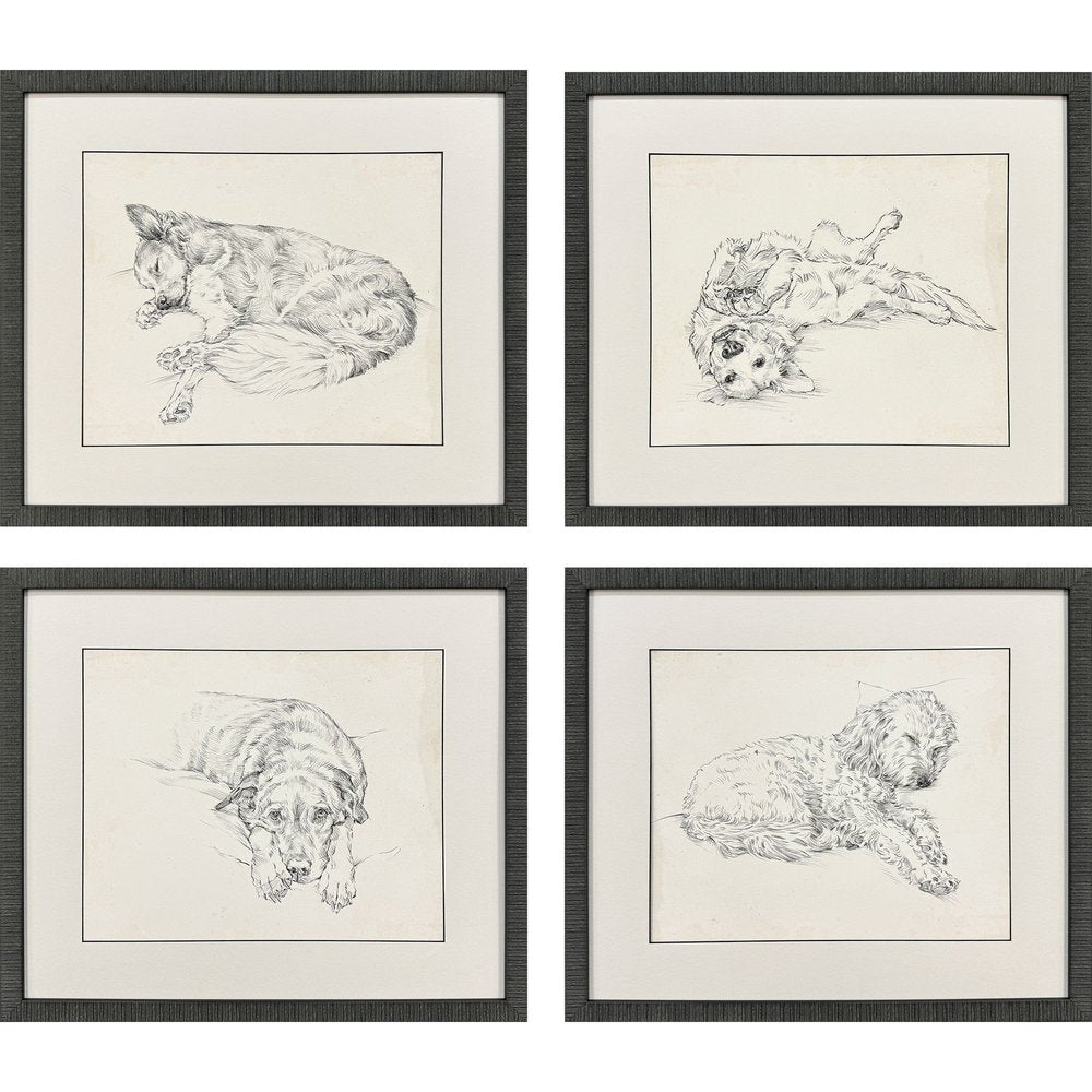 Set Of Four Antique Dog Sketch Distressed Black Framed Wall Art HomeRoots
