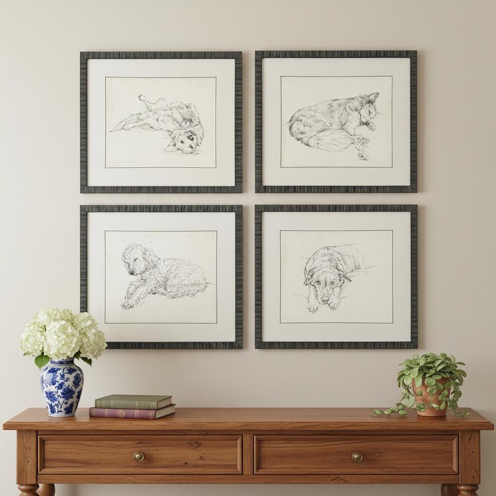 Set Of Four Antique Dog Sketch Distressed Black Framed Wall Art HomeRoots