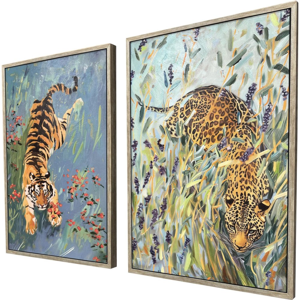 Set Of Two Tiger And Leopard Silver Framed Wall Art HomeRoots