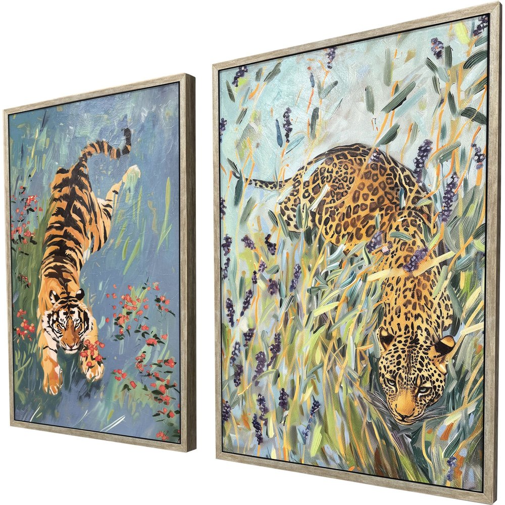 Set Of Two Tiger And Leopard Silver Framed Wall Art HomeRoots