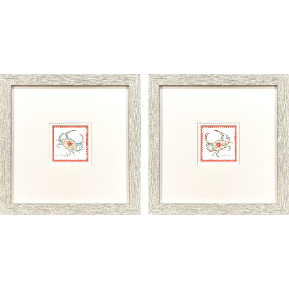Set Of Two Dreamy Crab Distressed White Framed Illustration Wall Art HomeRoots