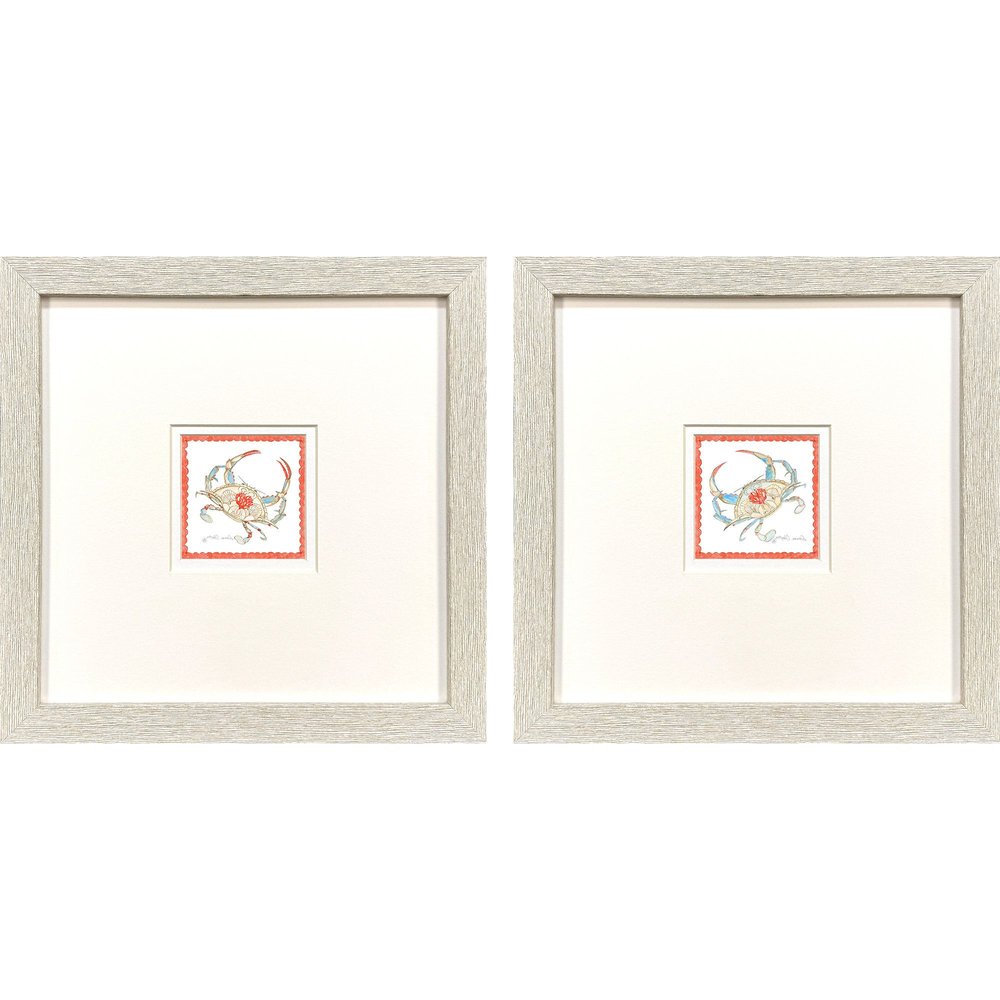 Set Of Two Dreamy Crab Distressed White Framed Illustration Wall Art HomeRoots