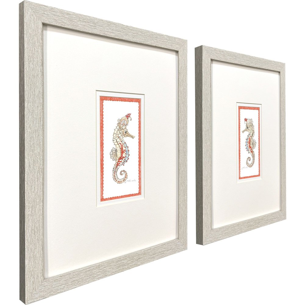 Set Of Two Dreamy Seahorse Distressed White Framed Illustration Wall Art HomeRoots