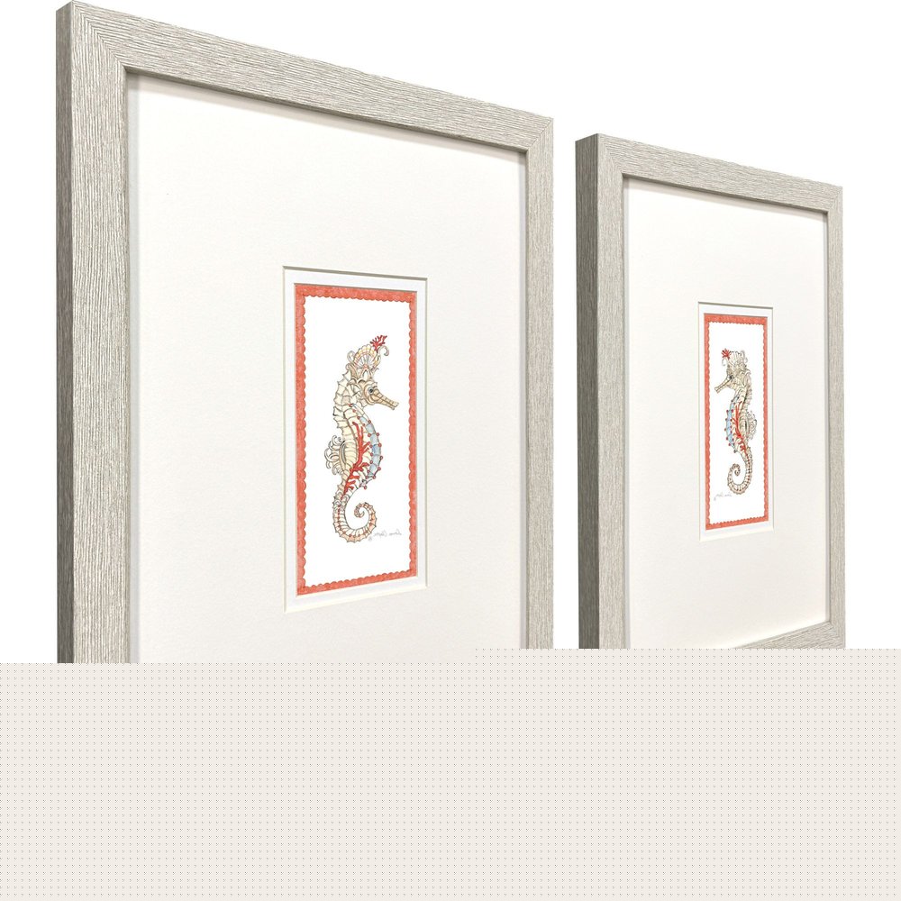 Set Of Two Dreamy Seahorse Distressed White Framed Illustration Wall Art HomeRoots
