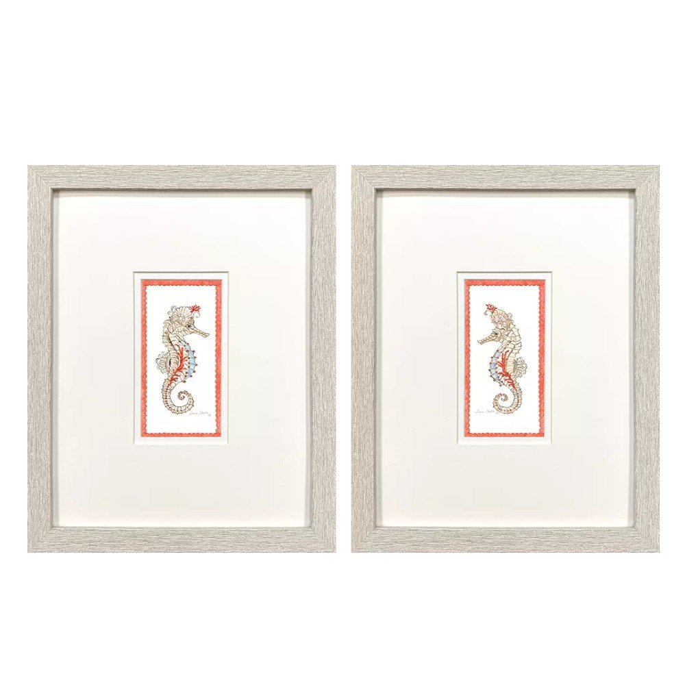 Set Of Two Dreamy Seahorse Distressed White Framed Illustration Wall Art HomeRoots