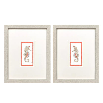 Set Of Two Dreamy Seahorse Distressed White Framed Illustration Wall Art HomeRoots